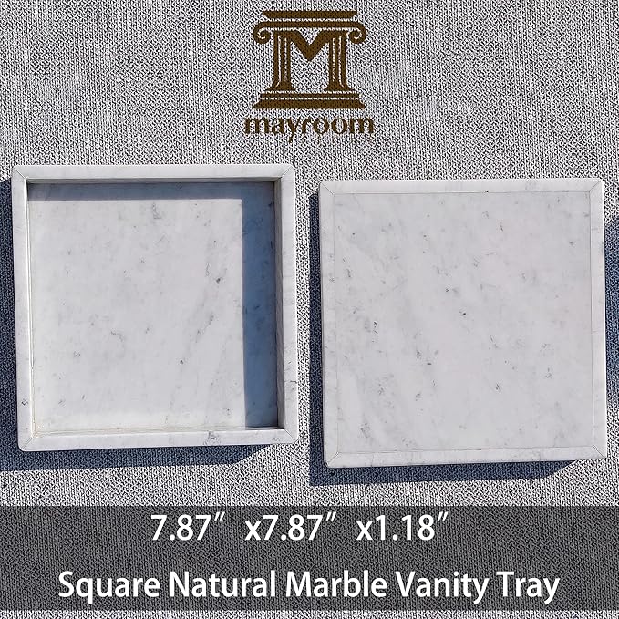 Luxury Square Marble Vanity Tray: Polished 8x8 Decorative Catch-All Tray for Bathroom Kitchen Dresser Makeup Home Organizer, White