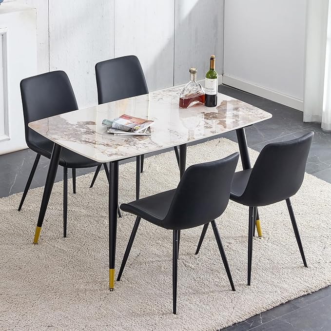 Modern Granite Dining Table Set for 4, 50" Sintered Stone Table and 4 Black PU Leather Chairs