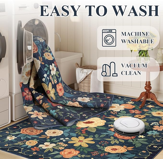 DUKINO 3x5 Area Rug, Floral Rugs for Living Room, Lightweight Non Slip Washable Rug, Indoor Low Pile & Non-Shedding Boho Design Rugs for Bedroom, Living Room, Dining Room, Dark Blue