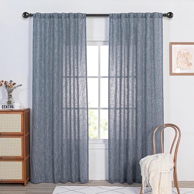 MYSKY HOME Blue Curtains for Bedroom 63 Inches Long Semi Sheer Light Filtering Drapes for Small Window Linen Look Textured Boho Home Decor Backdrop Curtain for Party, 50" x 63", Dusty Blue, 2 Panels