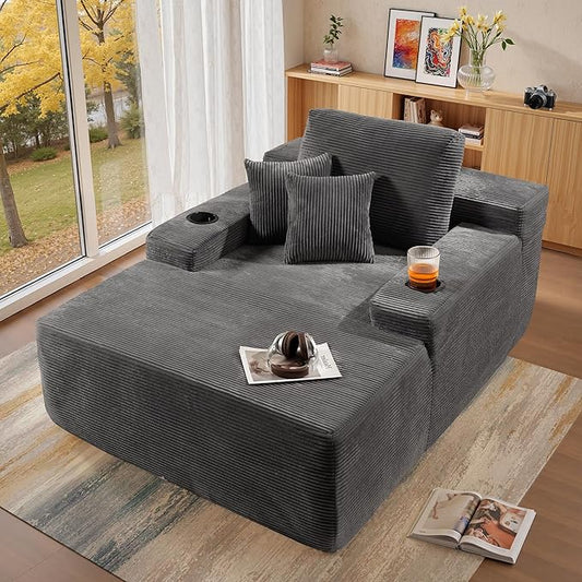 Chaise Lounge Chair Indoor, 67" Oversized Comfy Corduroy Sleeper Sofa Bed with Cup Holders and Wide Armrests, Boneless Upholstered Recliner Bed, Modern Cloud Couch for Living Room, Grey