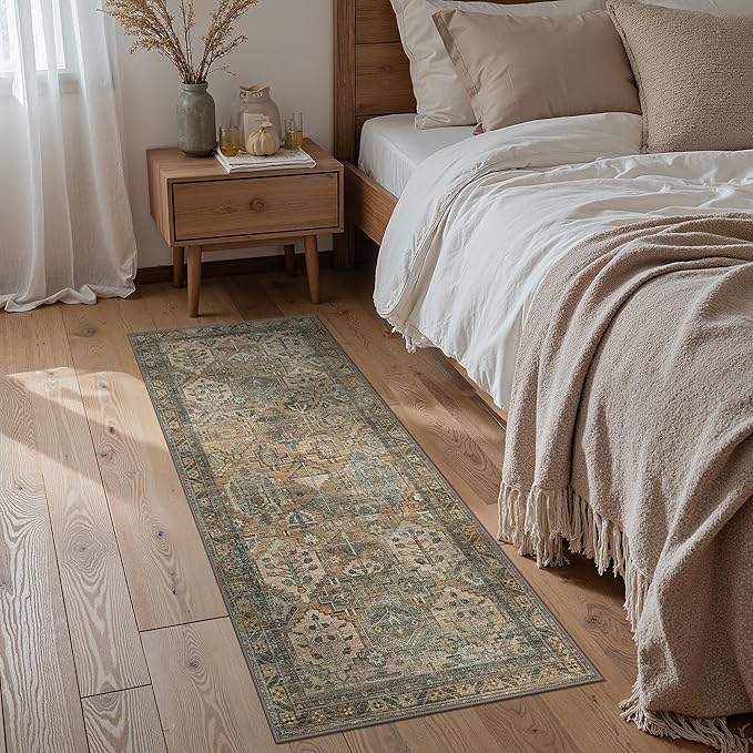 GENIMO 2x5 Runner Rugs for Hallway, Machine Washable Non Slip Vintage Rugs, Low Pile Lightweight Soft Print Rug for enrtyway, Corridor, Home Office, Kitchen, Warm Taupe