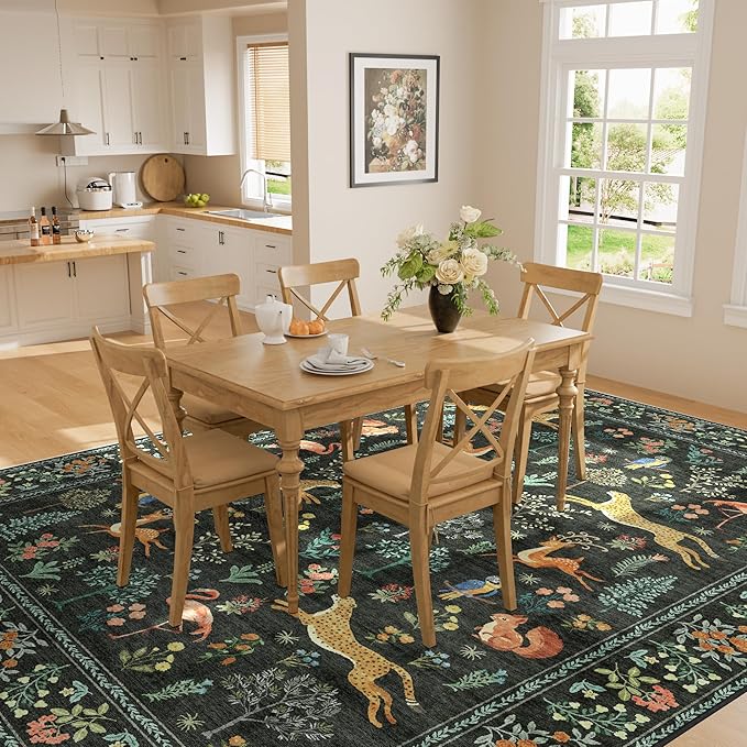 DUKINO 8x10 Rug, Washable Animal Living Room Rug with Non Slip Vintage Design, Soft Low Pile Large Carpet for Bedroom, Nursery, Dining Room, Farmhouse, Playroom, Black