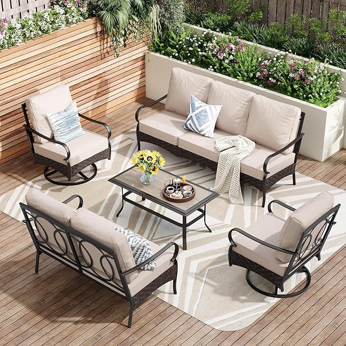 PHI VILLA Outdoor Modern Patio Furniture Set, Upgraded Wicker&Metal Patio Furniture Conversation Set with Waterproof Thick Cushions for Porch, Poolside, Deck, and Yard (5 Pieces,Beige)
