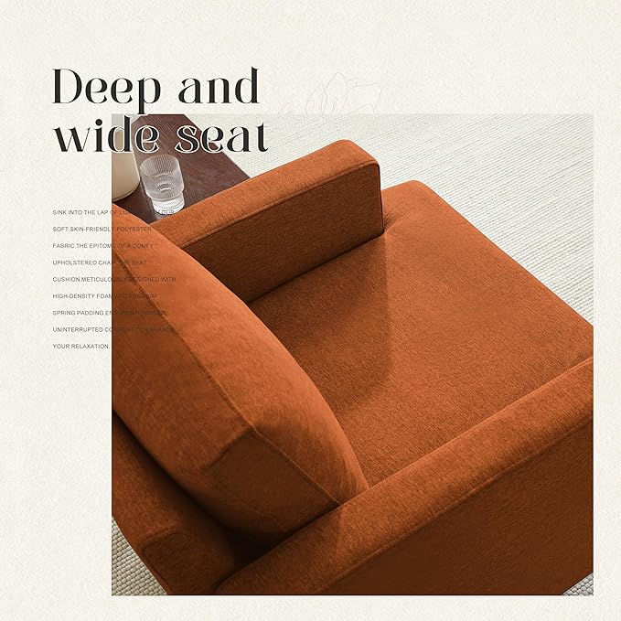 Mid-Century Accent Chair,Modern Linen Fabric Armchair for Living Room,Comfy Upholstered Reading Accent Chairs for Bedroom,Single Sofa Chair with Wood Legs (Orange, 2 Pack)
