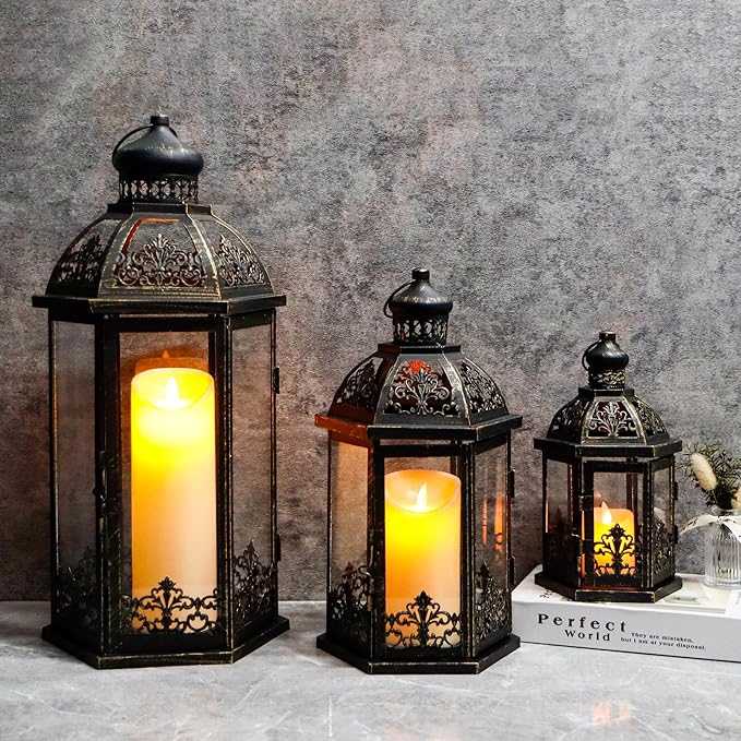 TRIROCKS Large Set of 3 Decorative Lanterns 19''&13.5''&9.5" H Vintage Hanging Lantern Metal Candleholder with Tempered Glass for Indoor Outdoor Home Decor Parties Garden(Black with Gold Brush)