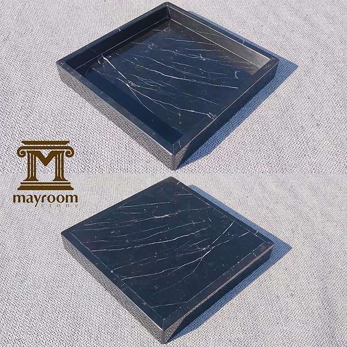 Square Natural Marble Vanity Tray: Luxury 8x8 Polished Organizer for Bathroom Kitchen Dresser Makeup Jewelry Coffee Table Home Decor, Black