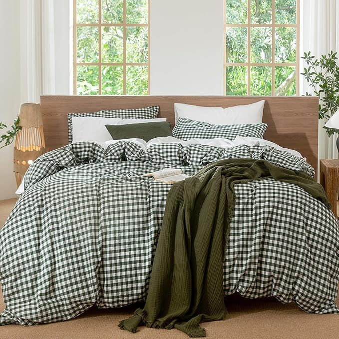 MooMee Gingham Duvet Cover Set 100% Washed Cotton Linen Like Textured Breathable Durable Soft Comfy Modern Checkered Design (Forest Green Gingham, King 104"x90")