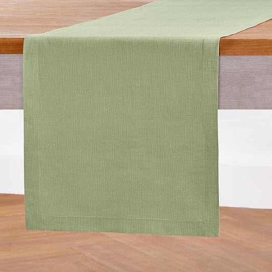 Solino Home Linen Table Runner 90 Inches Long - Athena, 100% Pure Linen Chambray Olive Table Runner 14 x 90 Inch for Dining, Fall, Autumn, Thanksgiving