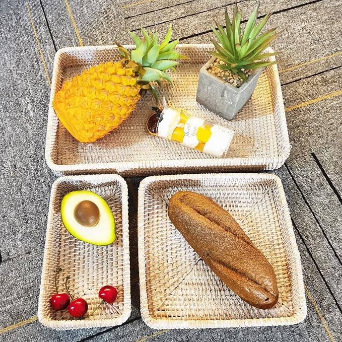i-lan Set of 3 Handmade White Rattan Rectangle Serving Tray,Washed White Wicker Serving Organizer Tabletop Fruit Platter with 2”Wall,14 Inch Decorative Bread Drinks Snack Storage Serving Basket Tray