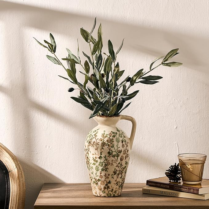 Green and Beige Antique Vase, 8.9 Inch Vintage Chinoiserie Floral Vase, Rustic Ceramic Vase for Home Decor, Living Room, Bookshelf, Office, Entryway, Garden, Chinoiserie Decor, Tuscan Decor