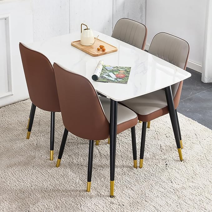 50" White Modern Marble Dining Table Set for 4, Sintered Stone Tabletop with 4 Upholstered PU Leather Chair Compact Dinette Table Set for Small Space Apartment(1White Table+4Gray Brown Chairs)
