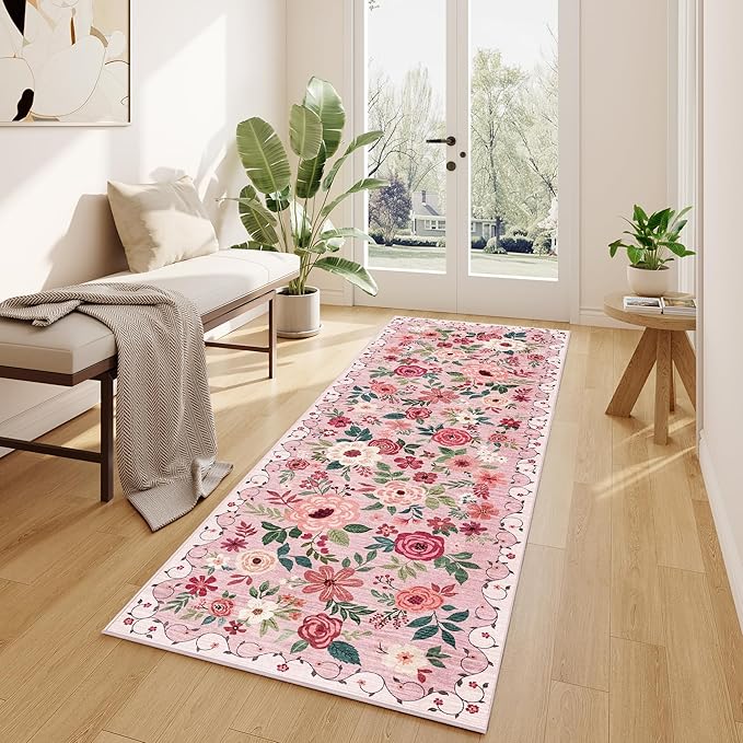 DUKINO 2.6x8 Kitchen Runner Rug for Hallway, Washable Runner Rug with Non Slip Backing, Low Pile Soft Boho Floral Carpet for Hallway, Kitchen, Entryway, Laundry, Bedroom, Pink