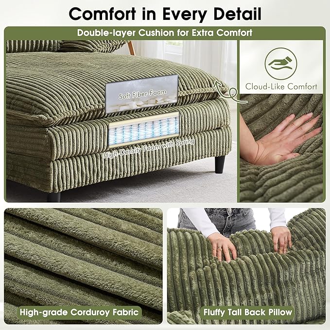 55" W Oversized Chaise Lounge Sofa Couch with 5-Position Adjustable Backrest, Corduroy Sleeper Chair Sofa Bed, Reading Chair ‌with Deep Seat, Cloud Couches for Living Room, Bedroom, Green