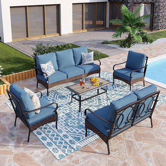 PHI VILLA Outdoor Modern Patio Furniture Set, Upgraded Wicker&Metal Patio Furniture Conversation Set with Waterproof Thick Cushions for Porch, Poolside, Deck, and Yard (5 Pieces,Navy)