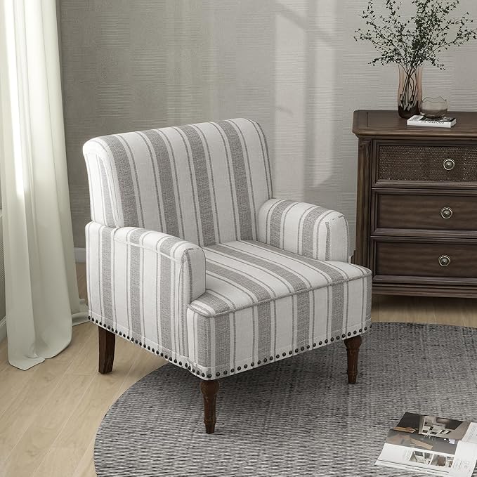 Lumibee Modern Accent Chair with Arms,Mid Century Stripe Armchair for Living Room,Comfy Linen Fabric Single Sofa for Apartment Bedroom,Comfortable Cushioned Seat for Reading Home Office-Brown Stripe