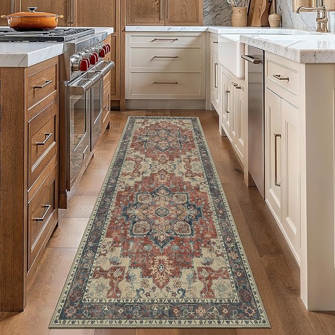 GENIMO 2x7 Runner Rugs for Hallway, Machine Washable Non Slip Vintage Rugs, Low Pile Lightweight Soft Print Rug for enrtyway, Corridor, Home Office, Kitchen, Bordeaux