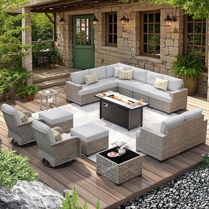 HOOOWOOO Outdoor Sectional Patio Furniture Set with Fire Pit Table,15 Pieces Wicker Conversation Sets L Shaped Couch,Extra Deep Out Door Sofa Outside Furniture with Swivel Chairs Ottomans,Light Gray
