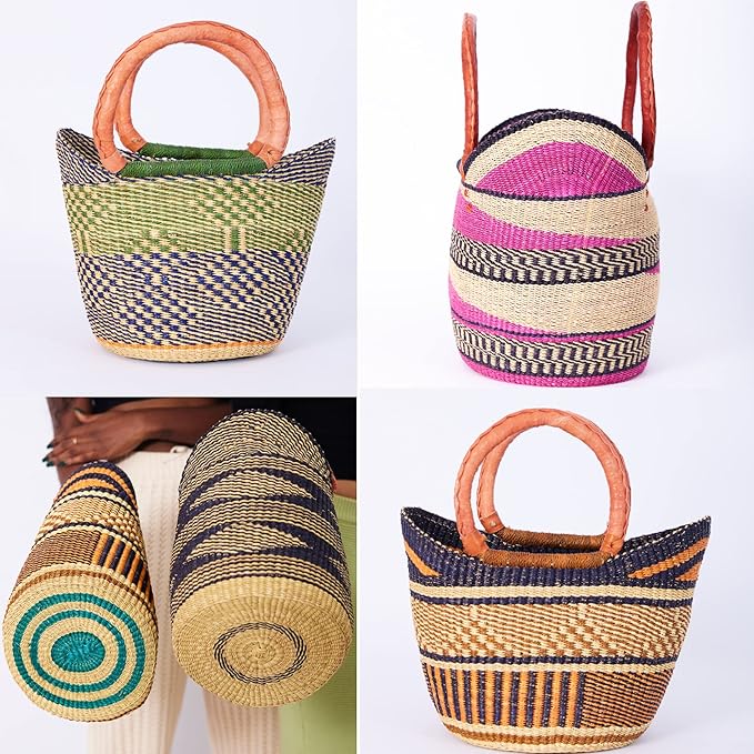 AYÉYA Handwoven African Basket – Winged Style – Wide Open Wicker Tote with Leather Handles – Unique Market or Foraging Basket – Handmade in Ghana