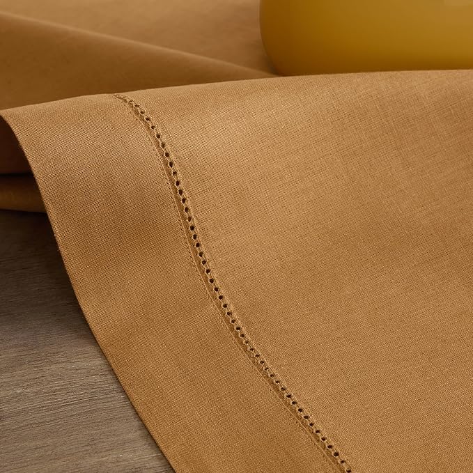 Solino Home Linen Brown Sugar Table Runner 90 Inches Long - 100% Pure Linen 14 x 90 Inch Table Runner for Fall, Autumn, Thanksgiving - Classic Hemstitch