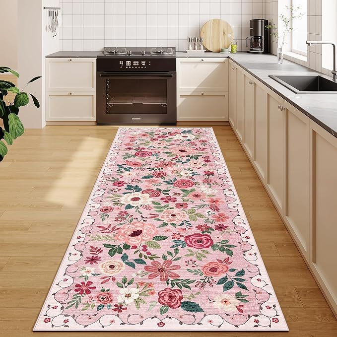 DUKINO 2x10 Kitchen Runner Rug for Hallway, Washable Runner Rug with Non Slip Backing, Low Pile Soft Boho Floral Carpet for Kitchen, Hallway, Entryway, Laundry, Bedroom, Pink