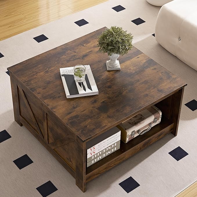 Farmhouse Coffee Table for Living Room, Wood Square Coffee Tables, 31.5" D x 31.5" W, Rustic Brown