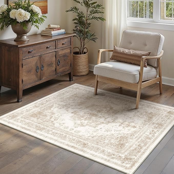 Area Rug 3x5 Cream Washable Office Entryway Vintage Medallion Beige Carpet Non Slip Retro Indoor Mat Low Pile Soft Distressed Small Rug for Bedroom Kitchen Laundry Dining Room