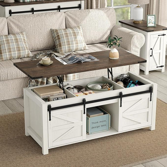 47.3'' Lift Top Coffee Table with Storage, Modern White Coffee Table with Sliding Barn Doors, Farmhouse & Rustic Rectangle Center Table for Living Room, Office, Brown Top