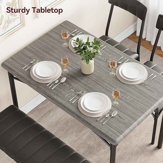 GAOMON Dining Table Set for 4, Kitchen Table with Upholstered Chairs and Bench, 4-Person Dining Room Table Set, Rectangular Kitchen Table Set for Small Space, Apartment, Home, Studio, Rustic Grey