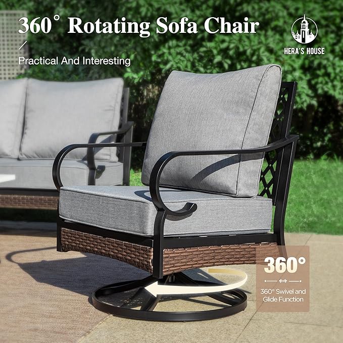 HERA'S HOUSE 4 Piece Patio Furniture Set with 56" Fire Pit Table, 2 x Swivel Cushioned Chair, 1 x 3-Seat Sofa, 5-Seats Outdoor Conversation Set for Lawn Garden Deck, Grey