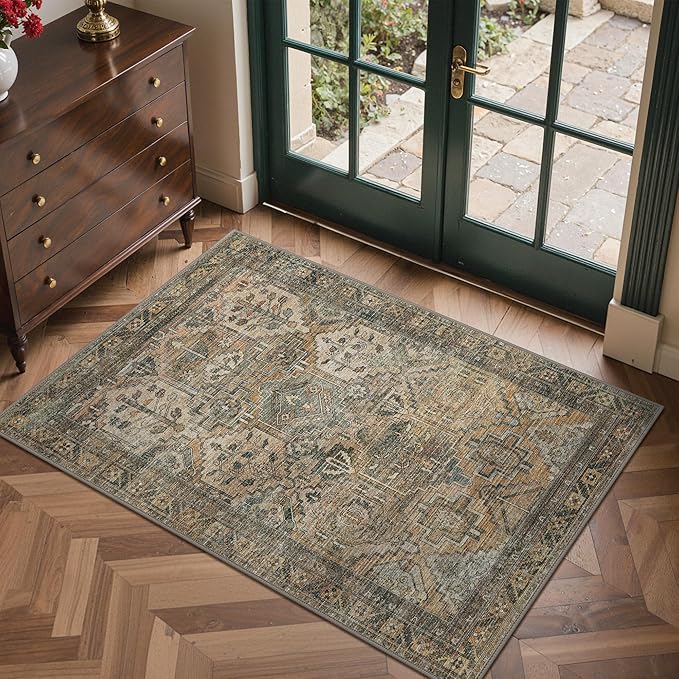 GENIMO 2x3 Area Rugs for Living Room, Machine Washable Non Slip Vintage Rugs, Low Pile Lightweight Chenille Print Rug for Bedroom, Dining Room, Home Office, Warm Taupe