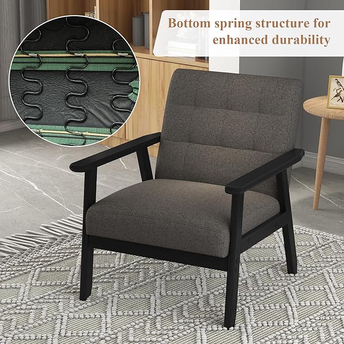 Westice Accent Chair Set of 2, Mid-Century Modern Living Room Chairs with Solid Wood Frame & Soft Thicken Cushion, Upholstered Arm Reading Chair for Bedroom, Balcony, Grey Linen Fabric & Black Legs