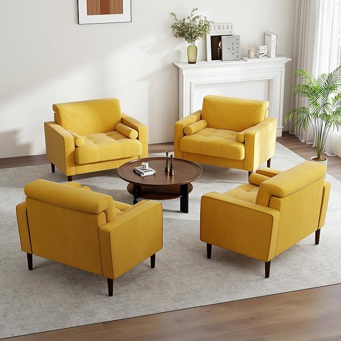 UIXE Corduroy Accent Chairs Set of 2, Modern Upholstered Living Room Arm Chair Comfy Bedroom Reading Armchair with Bolster Pillows, Mid-Century Track Armrest Tufted Single Sofa Seat (Yellow)