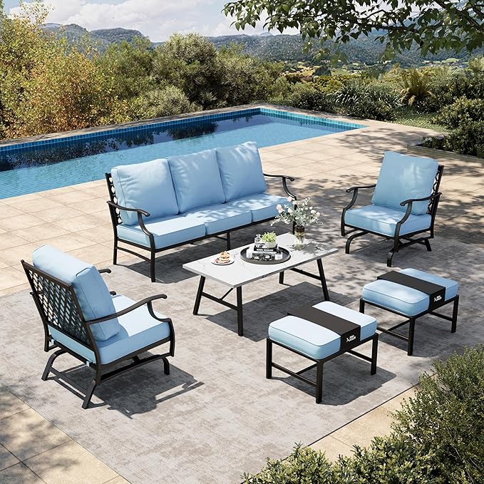 HERA'S HOUSE 6 Piece Patio Furniture Set, 2 x Rocking Cushioned Chair, 2 x Cushioned Ottoman, 1 x 3-Seat Sofa with Marbling Coffee Table, Outdoor Conversation Set for Lawn Garden Backyard, Blue