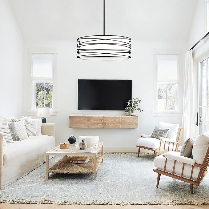 19.7" Black Pendant Light, 5-Lights Modern Drum Chandeliers for Dining Room Adjustable Pendant Hanging Lighting with White Fabric Shade for Kitchen Island Living Room Entryway Bedroom