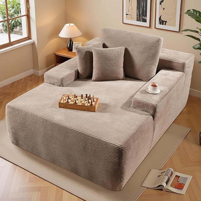 Chaise Lounge Chair Indoor, Oversized Sleeping Couch 67" L * 48.5" W Assembly Free Modern Minimalist Sofa, Extra Deep Large Single Seat Sofa for Living Room (Camel Corduroy Fabric)