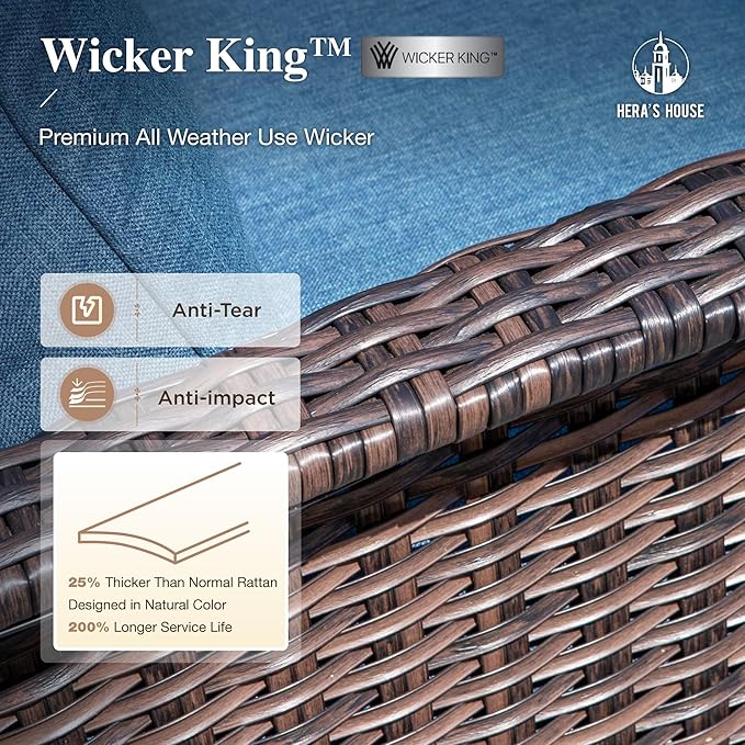 Oversized Patio Wicker Chairs, High Back Outdoor Swivel Chairs Set of 2 with Rattan Side Table, 5.5" Thick Cushions, 3-Piece Patio Furniture Sets for Deck Porch Pool, Brown/Blue