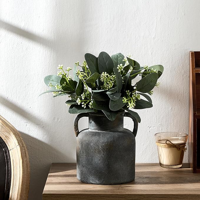 Antique Ceramic Vase with 2 Handles, 6.1 Inch Farmhouse Rustic Flower Vase, Small Vintage Terracotta Vases for Home Decor, Wedding, Living Room, Table, Shelf Decor, Black Bronze