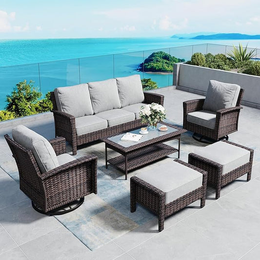 6 Piece Patio Furniture Set with Swivel Chairs, High Back Wicker Rattan Sofa with Extra Thick Cushion, Coffee Table and Ottoman, Outdoor Conversation Set for Backyard Deck, Grey