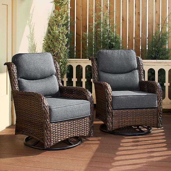 HILLGA Luxury Patio Furniture Set with 6-inch Thick Cushion, Outdoor High Back Swivel Rocker Patio Chairs, 2PCS Wicker Conversation Set for Deck Yard and Poolside, Dark Grey (V2)