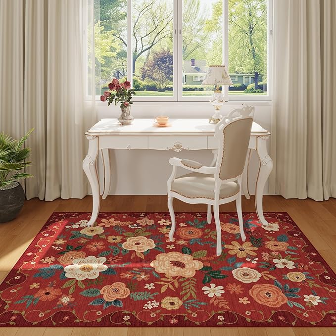 DUKINO 3x5 Area Rug, Floral Rugs for Living Room, Lightweight Non Slip Washable Rug, Indoor Low Pile & Non-Shedding Boho Design Rugs for Bedroom, Living Room, Dining Room, Red