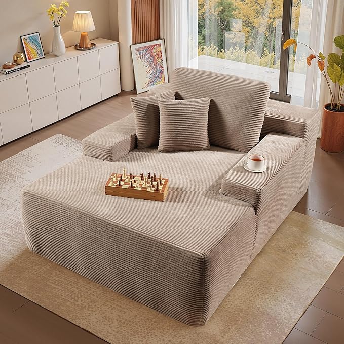 Chaise Lounge Chair Indoor, 67" Oversized Comfy Corduroy Sleeper Sofa Bed, Boneless Upholstered Recliner Bed with Pillows and Wide Armrests, Modern Cloud Couch for Living Room, Camel