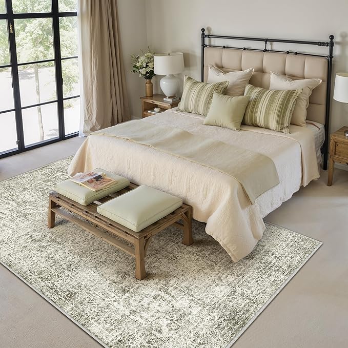 6x9 Area Rug Washable Vintage Neutral Living Room Carpet Large Indoor Non Slip Taupe Bedroom Distressed Low Pile Retro Accent Throw Rug for Dining Room