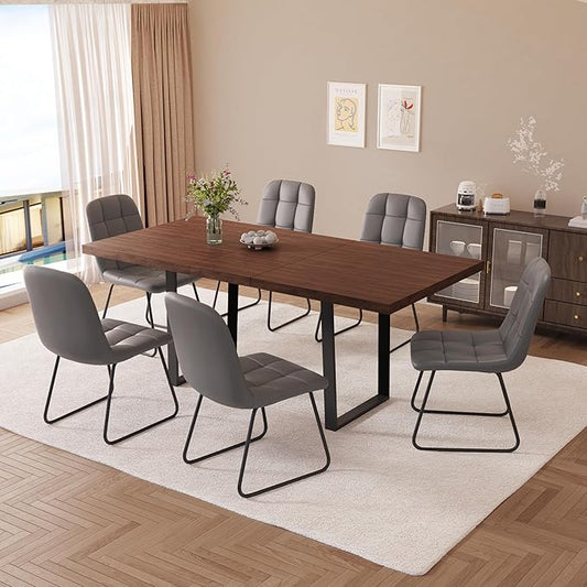 ZckyCine 79" Expandable Walnut Dining Table with 6 PU Leather Chairs, 7-Piece Modern Dining Set, Sturdy Metal Legs, Adjustable 63"-79" Rectangle Table for Kitchen & Dining Room