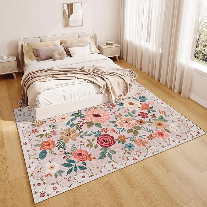 DUKINO 9x12 Area Rug, Floral Rugs for Living Room, Lightweight Non Slip Washable Rug, Indoor Low Pile & Non-Shedding Boho Design Rugs for Bedroom, Living Room, Dining Room, Beige