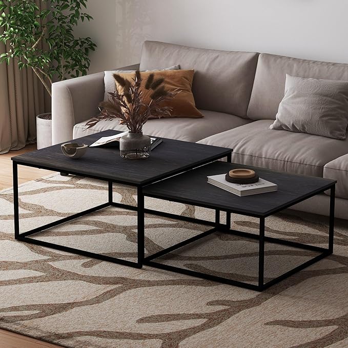 Nesting Coffee Table Set of 2,Outdoor Coffee Table,Industrial End Table Side Tables for Living Room Bedroom (Black)