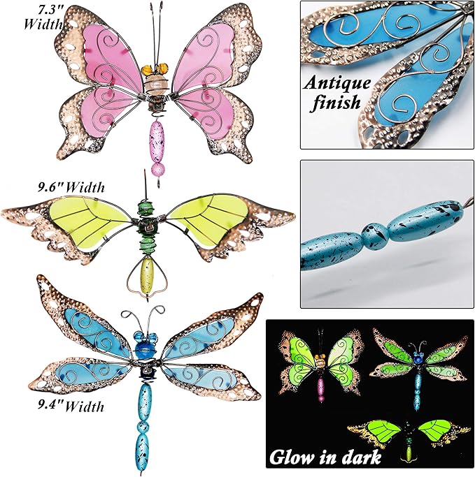 Juegoal 34 Inch Butterfly Garden Stakes Decor, Dragonfly Hummingbird Stakes, Glow in Dark Metal Yard Art for Mom, Mothers Day Ideal Gifts, Indoor Outdoor Lawn Pathway Patio Ornaments, Set of 3