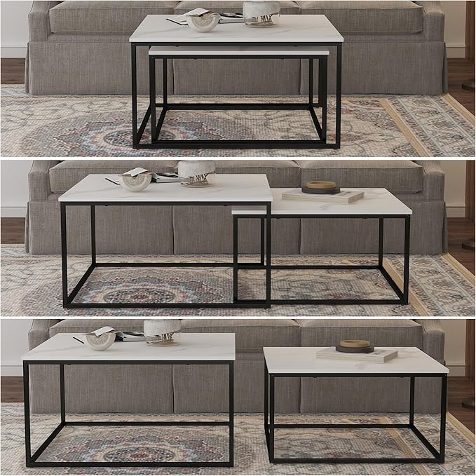 Nesting Coffee Table Set of 2,Outdoor Coffee Table,Industrial End Table Side Tables for Living Room Bedroom (White)