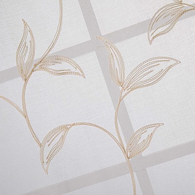 VISIONTEX Sheer Curtains 63 inch Length 2 Panels Set, White Voile Crushed Cream Vine Leaves Embroidery, Rod Pocket Embroidered Window Drapes for Living Room and Bedroom, 54" x 63"