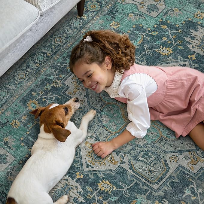 GENIMO 2x10 Runner Rugs for Hallway, Machine Washable Non Slip Vintage Rugs, Low Pile Lightweight Soft Print Rug for Enrtyway, Corridor, Home Office, Kitchen, Dark Green